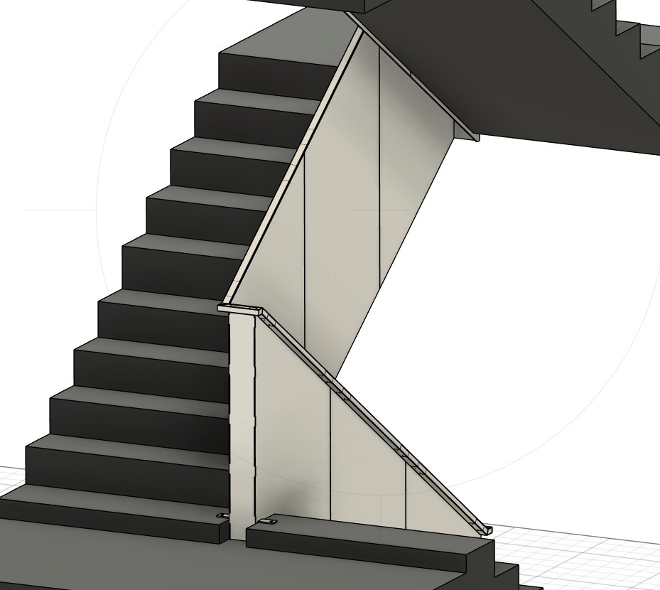 3D návrh bílého plechového zábradlí mezi dvěma schodišťovými rameny; model před realizací.